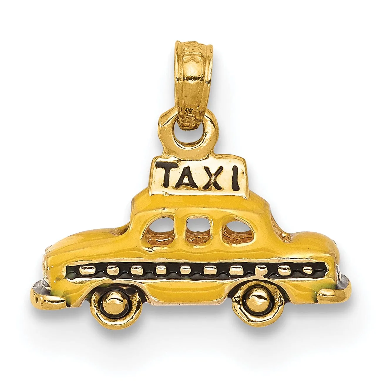 14K Yellow Gold Solid Polished Yellow, Black Enamel Finish New York 3-Dimensional Taxi Design Charm Pendant