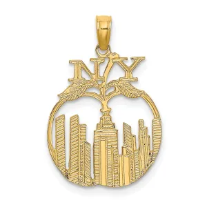 14K Yellow Gold Textured Polished Finish New York Skyline in Apple Theme Charm Pendant
