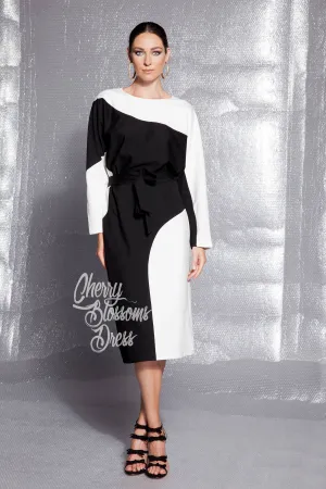 Black And White Dress, Elegant Dress, Midi Dress, Plus Size Dress, Long Sleeve Dress, Winter Dress, Party Dress, Evening Dress, Belt Dress