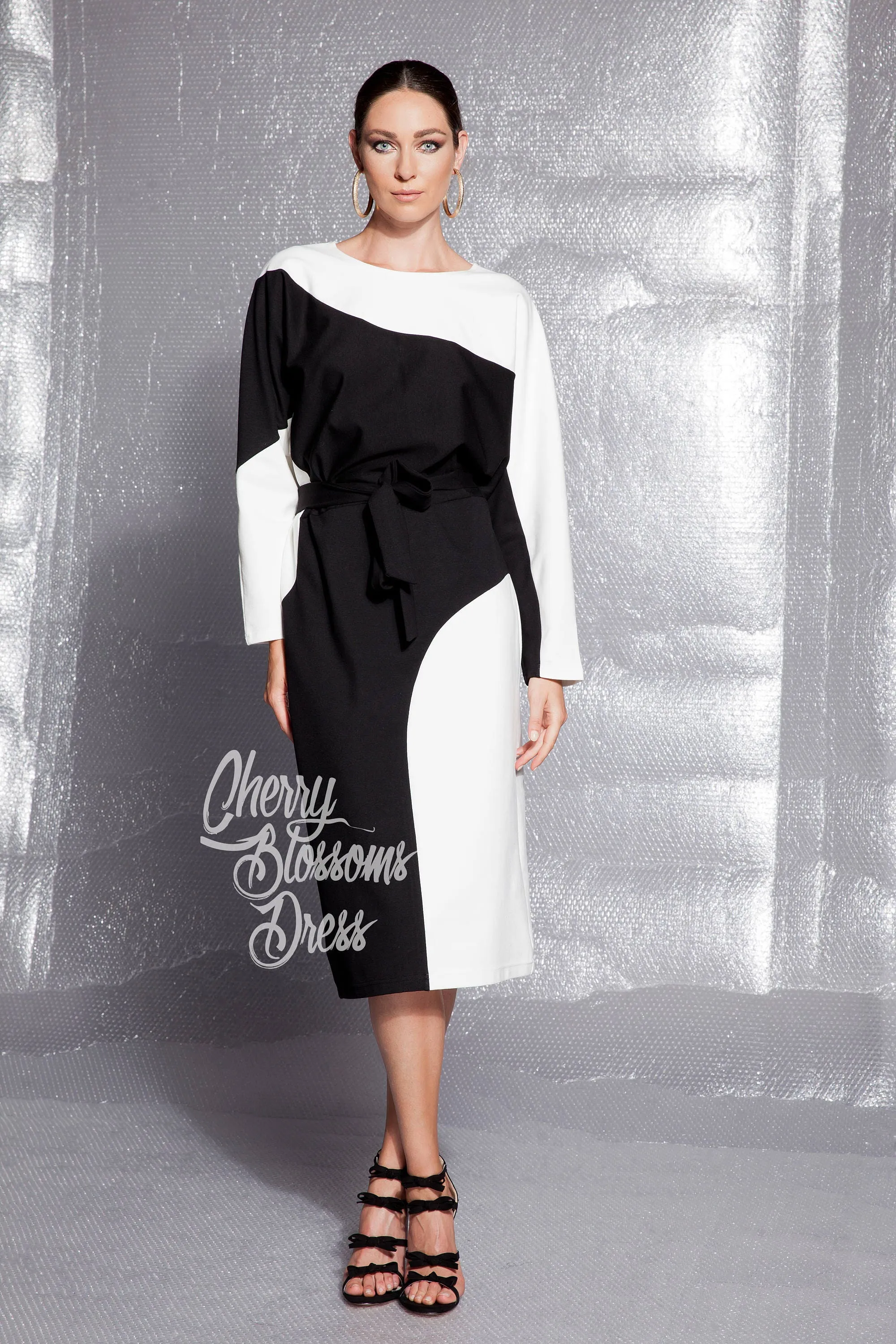Black And White Dress, Elegant Dress, Midi Dress, Plus Size Dress, Long Sleeve Dress, Winter Dress, Party Dress, Evening Dress, Belt Dress