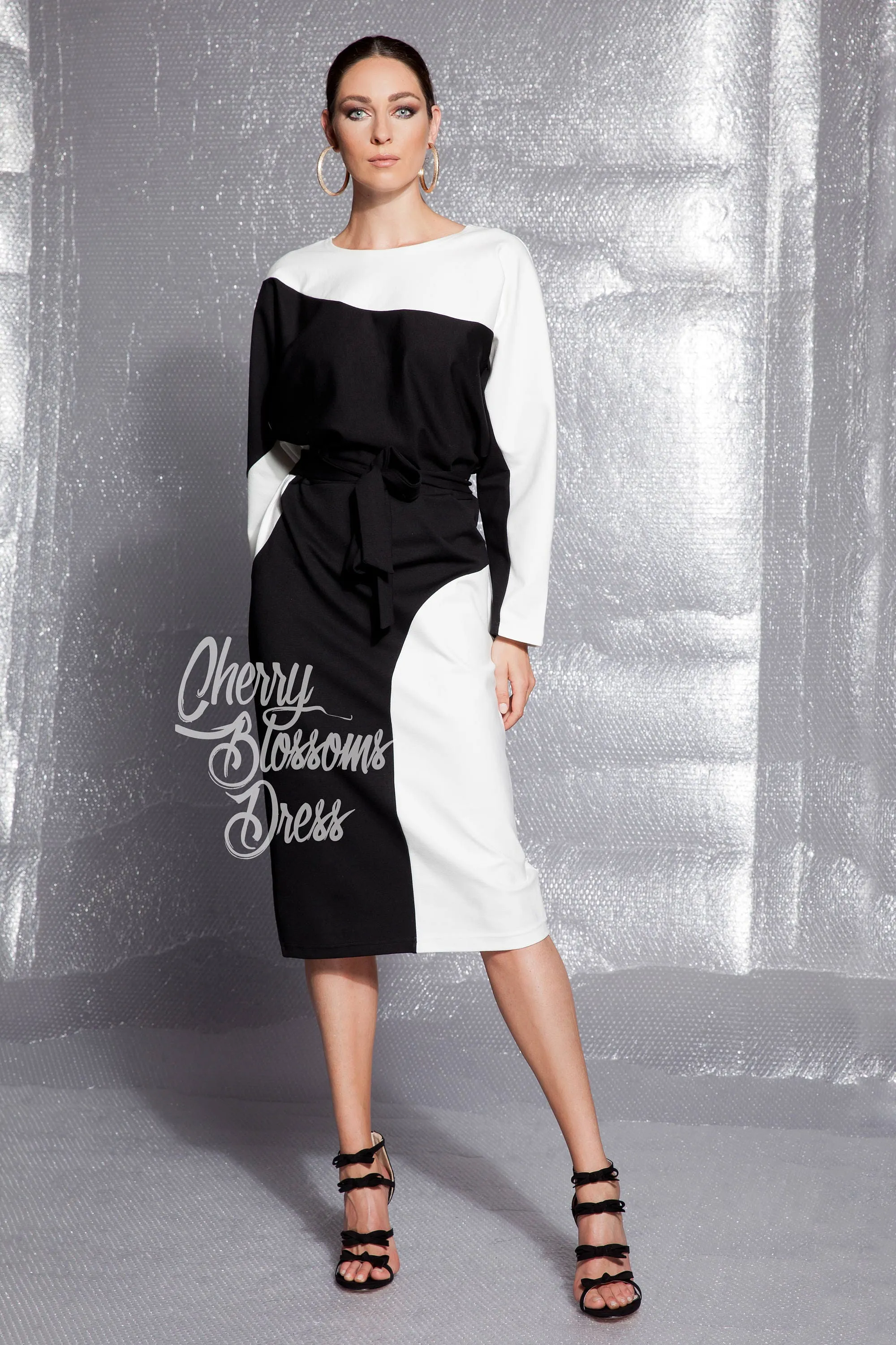 Black And White Dress, Elegant Dress, Midi Dress, Plus Size Dress, Long Sleeve Dress, Winter Dress, Party Dress, Evening Dress, Belt Dress