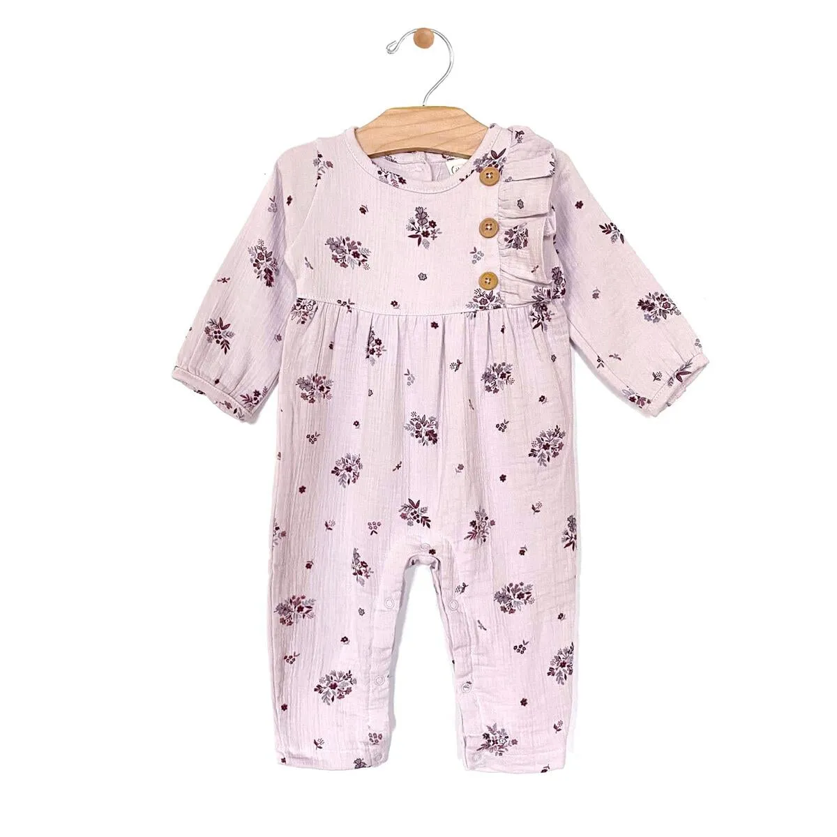 City Mouse Crinkle Cotton Side Button Romper - Lilac Floral