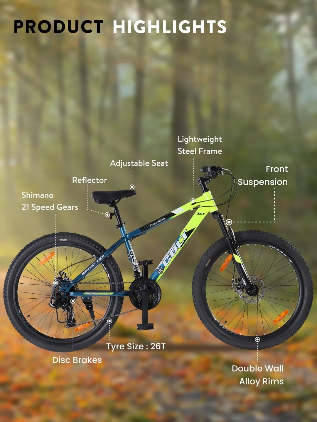 DAUNTLESS21S26TGREENBLUE Steel 21 Speed Shimano Gear 26 inch Mountain Cycle, Dual Disc Brake, Front Suspension, Double Wall Rim, Free Trainer Sessions, Cycling Event