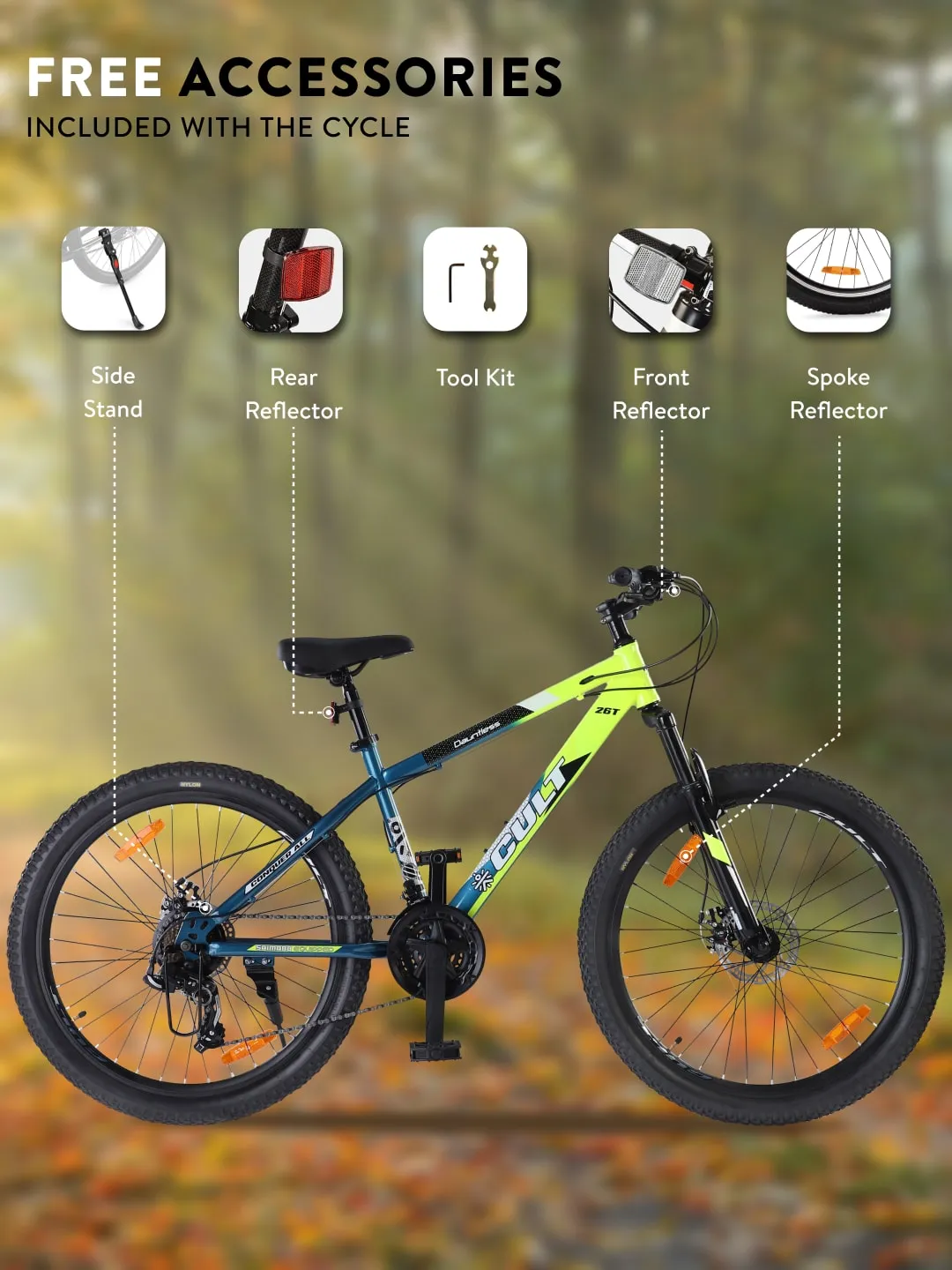 DAUNTLESS21S26TGREENBLUE Steel 21 Speed Shimano Gear 26 inch Mountain Cycle, Dual Disc Brake, Front Suspension, Double Wall Rim, Free Trainer Sessions, Cycling Event