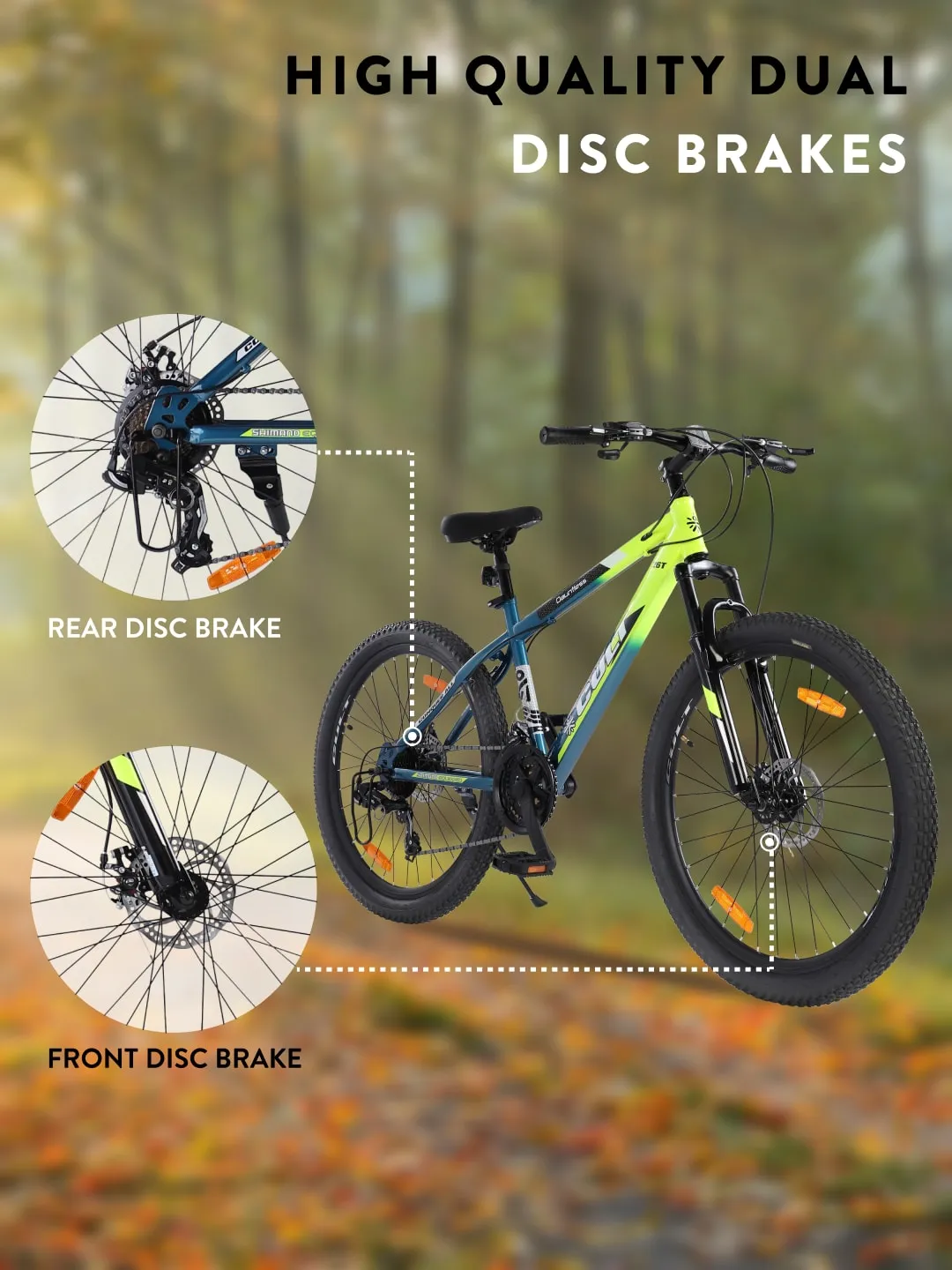 DAUNTLESS21S26TGREENBLUE Steel 21 Speed Shimano Gear 26 inch Mountain Cycle, Dual Disc Brake, Front Suspension, Double Wall Rim, Free Trainer Sessions, Cycling Event