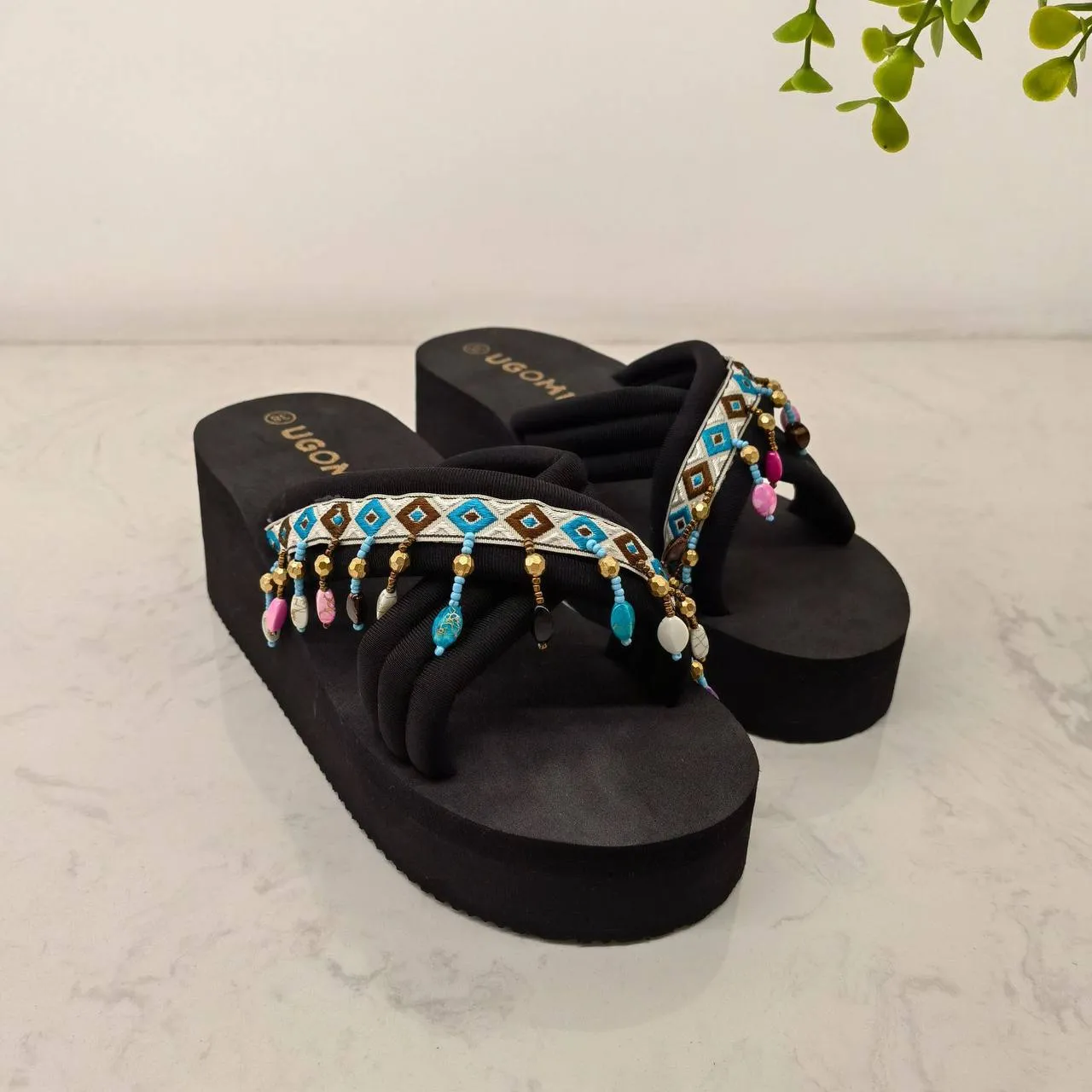 Ethnic Beaded Platform Sandals
