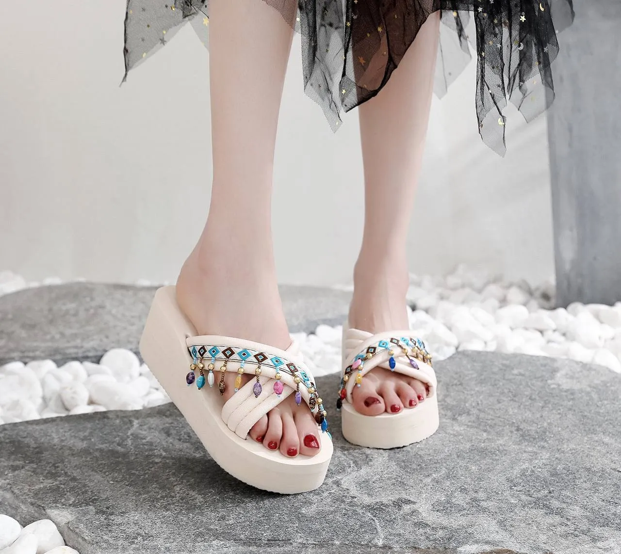 Ethnic Beaded Platform Sandals