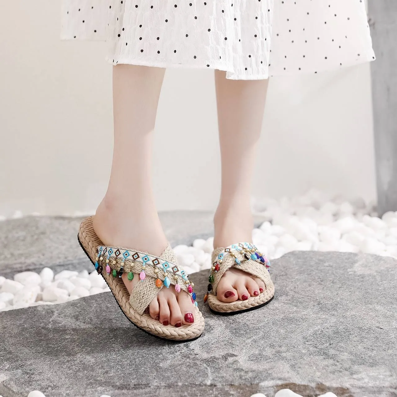Ethnic Beaded Platform Sandals