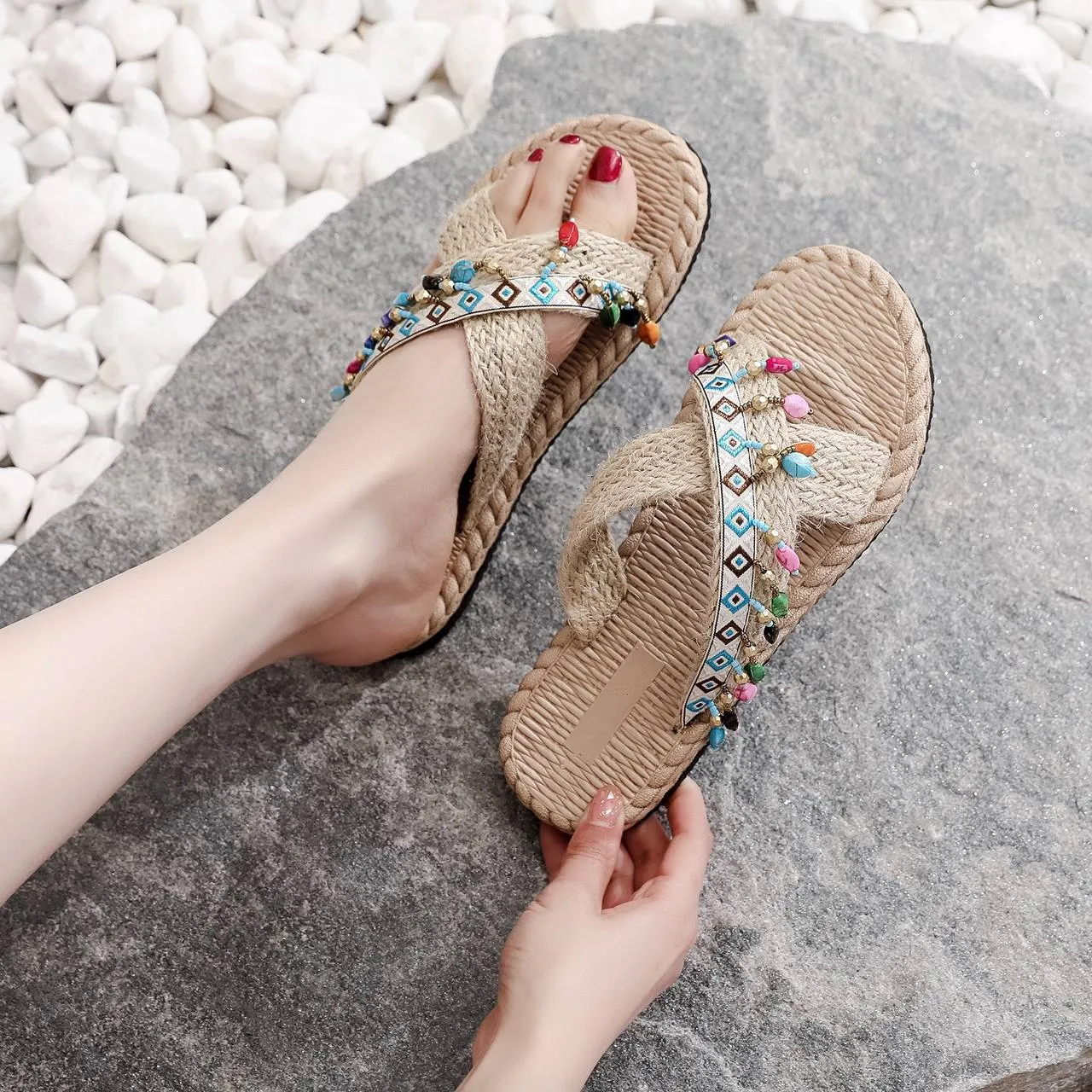 Ethnic Beaded Platform Sandals