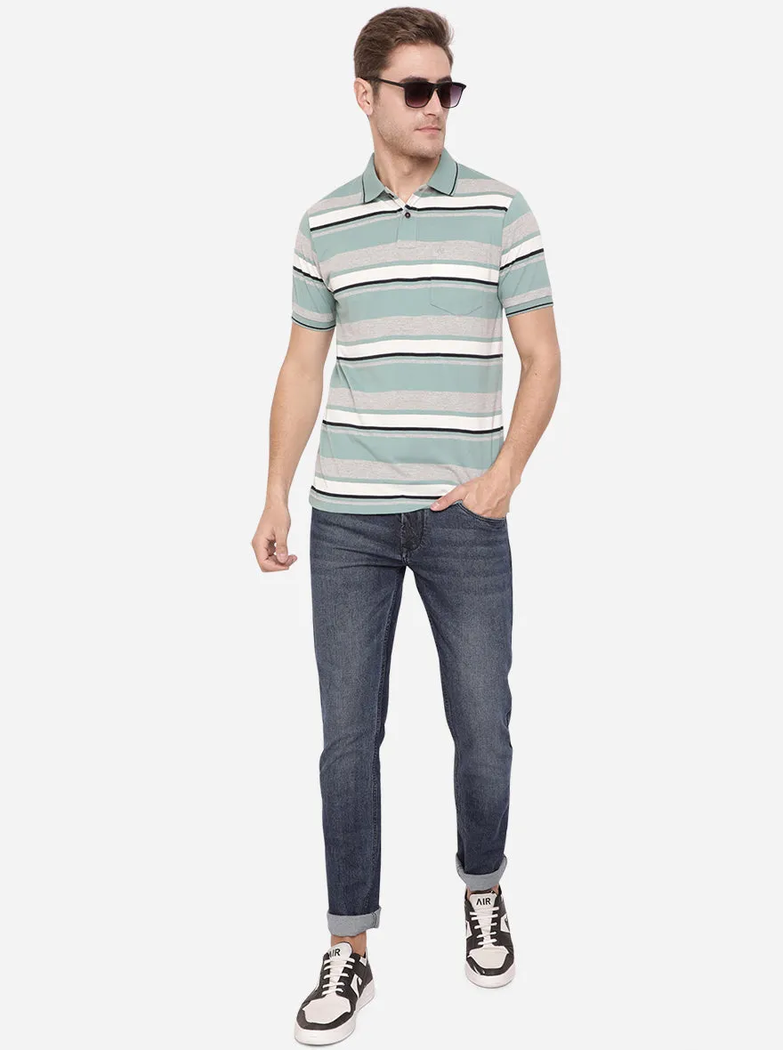 Grey & Green Striped Slim Fit Polo T-Shirt | Greenfibre