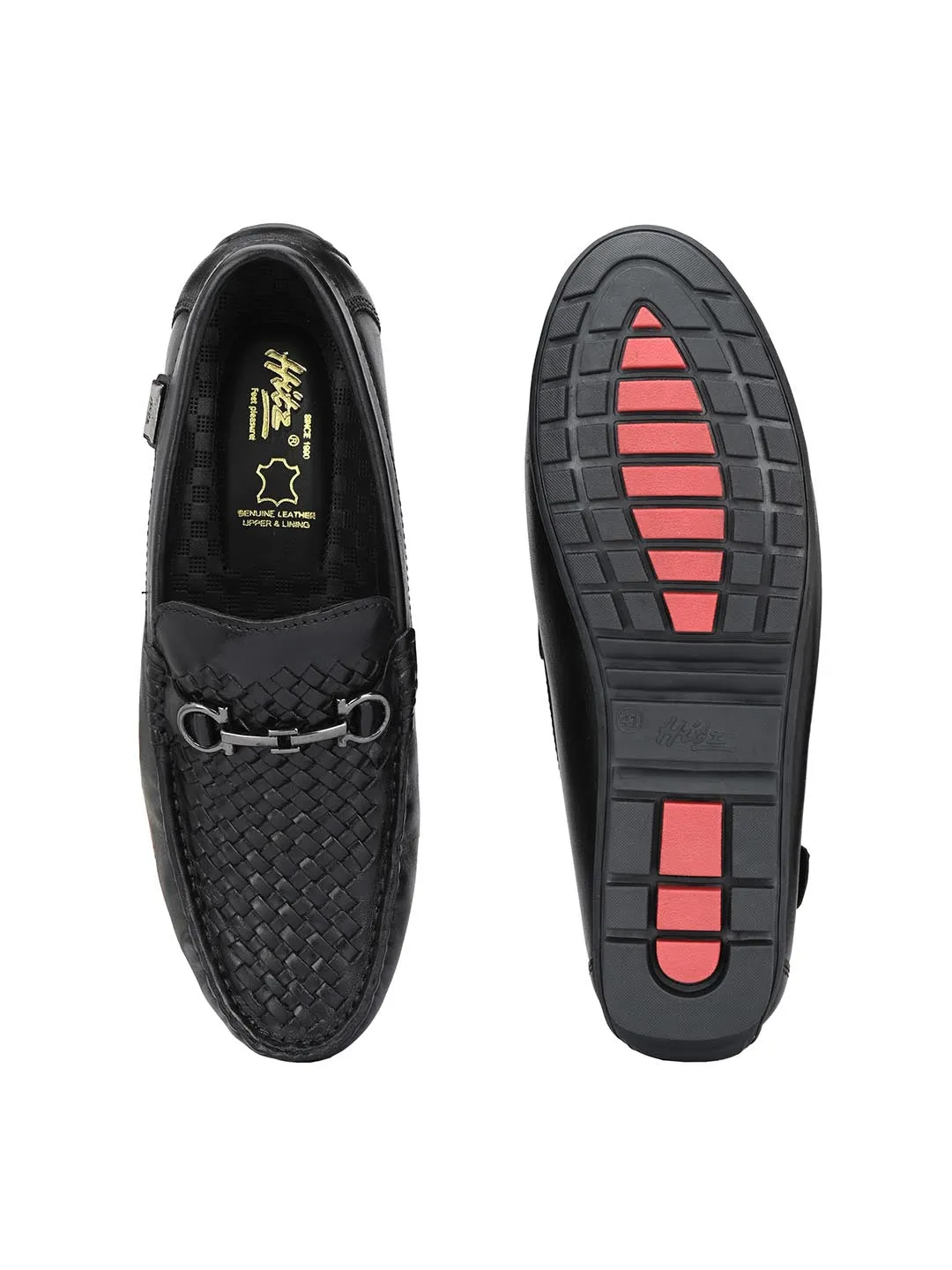 Hitz Men's Black Leather Slip-On Casual Loafer Shoes