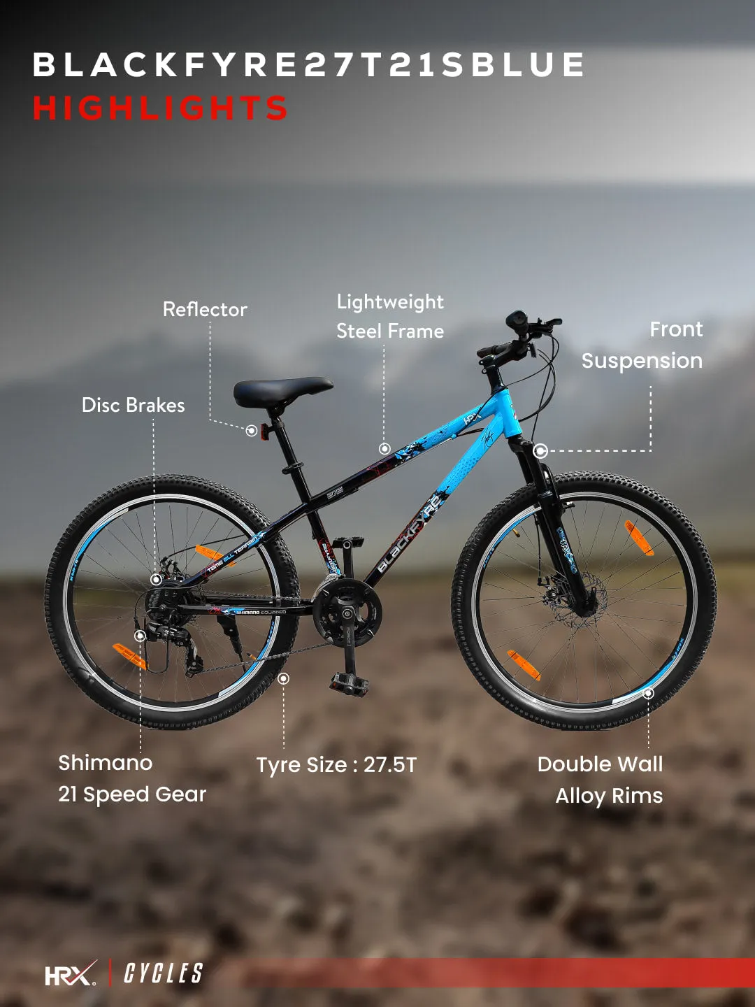 HRX Cycles by Hrithik Roshan BLACKFYRE27T21SBLUE Steel 21 Speed, 27.5 inch, Mountain Cycle, Front Suspension, Double Wall Rim, Free Trainer Sessions and Cycling Event