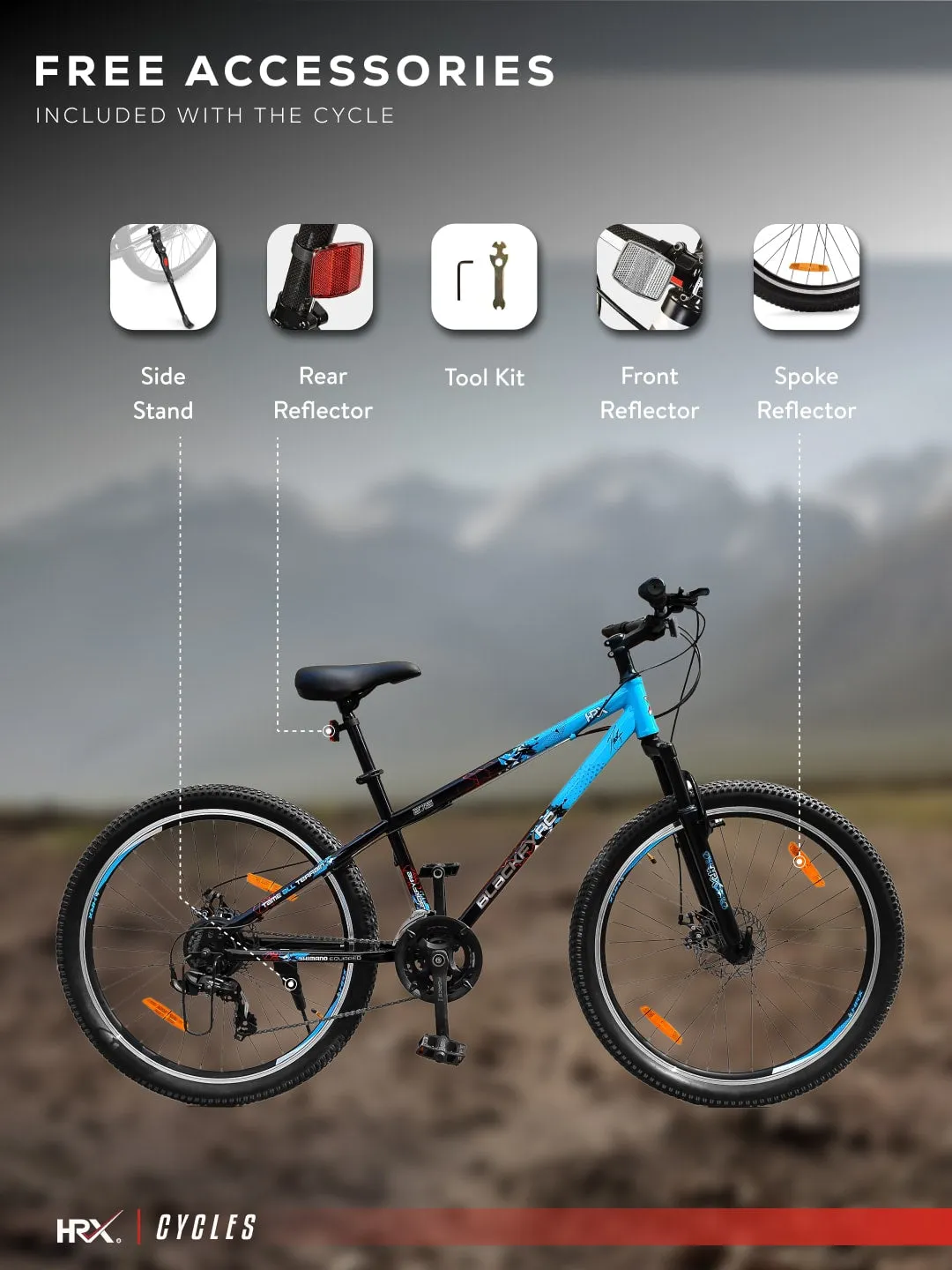 HRX Cycles by Hrithik Roshan BLACKFYRE27T21SBLUE Steel 21 Speed, 27.5 inch, Mountain Cycle, Front Suspension, Double Wall Rim, Free Trainer Sessions and Cycling Event