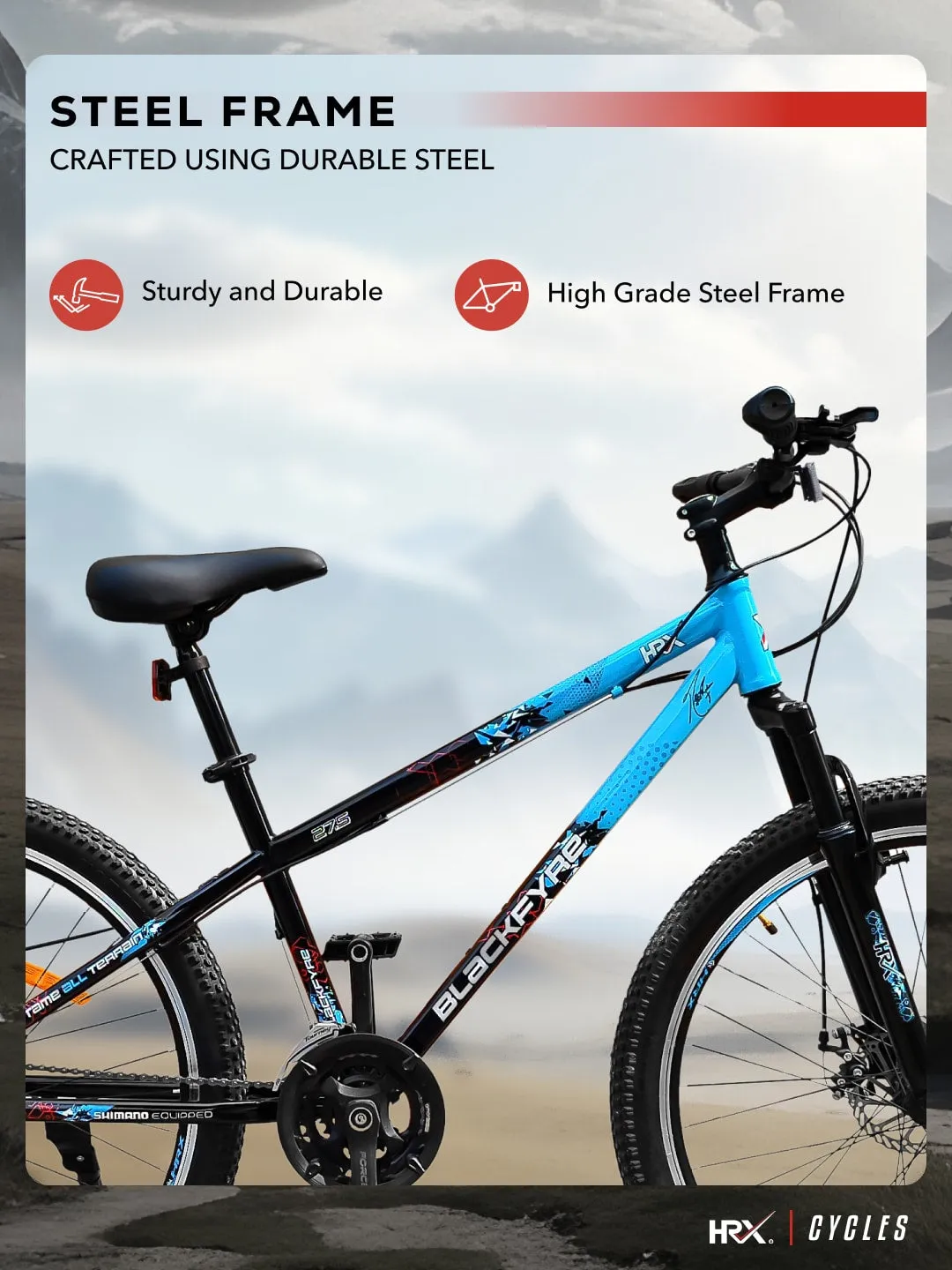 HRX Cycles by Hrithik Roshan BLACKFYRE27T21SBLUE Steel 21 Speed, 27.5 inch, Mountain Cycle, Front Suspension, Double Wall Rim, Free Trainer Sessions and Cycling Event