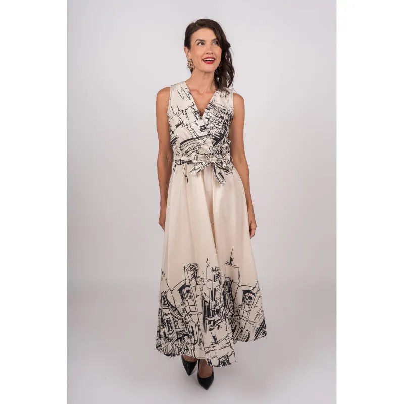 Julietta Sleeveless Wrap Dress With City Scene & Belt