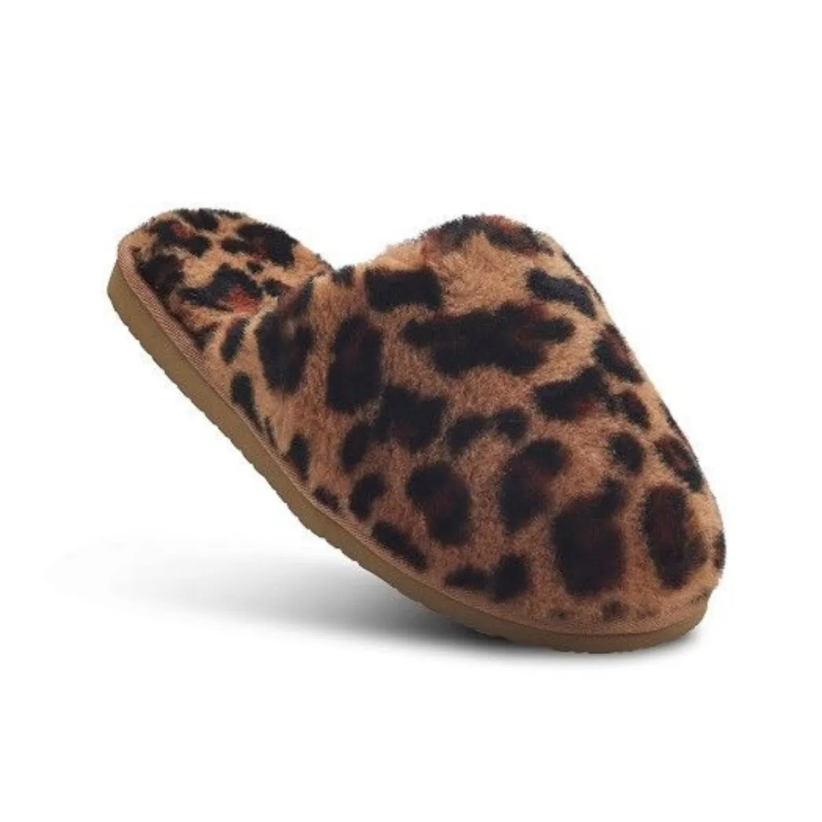 Ladies Leopard Print Sheepskin Mule Slippers