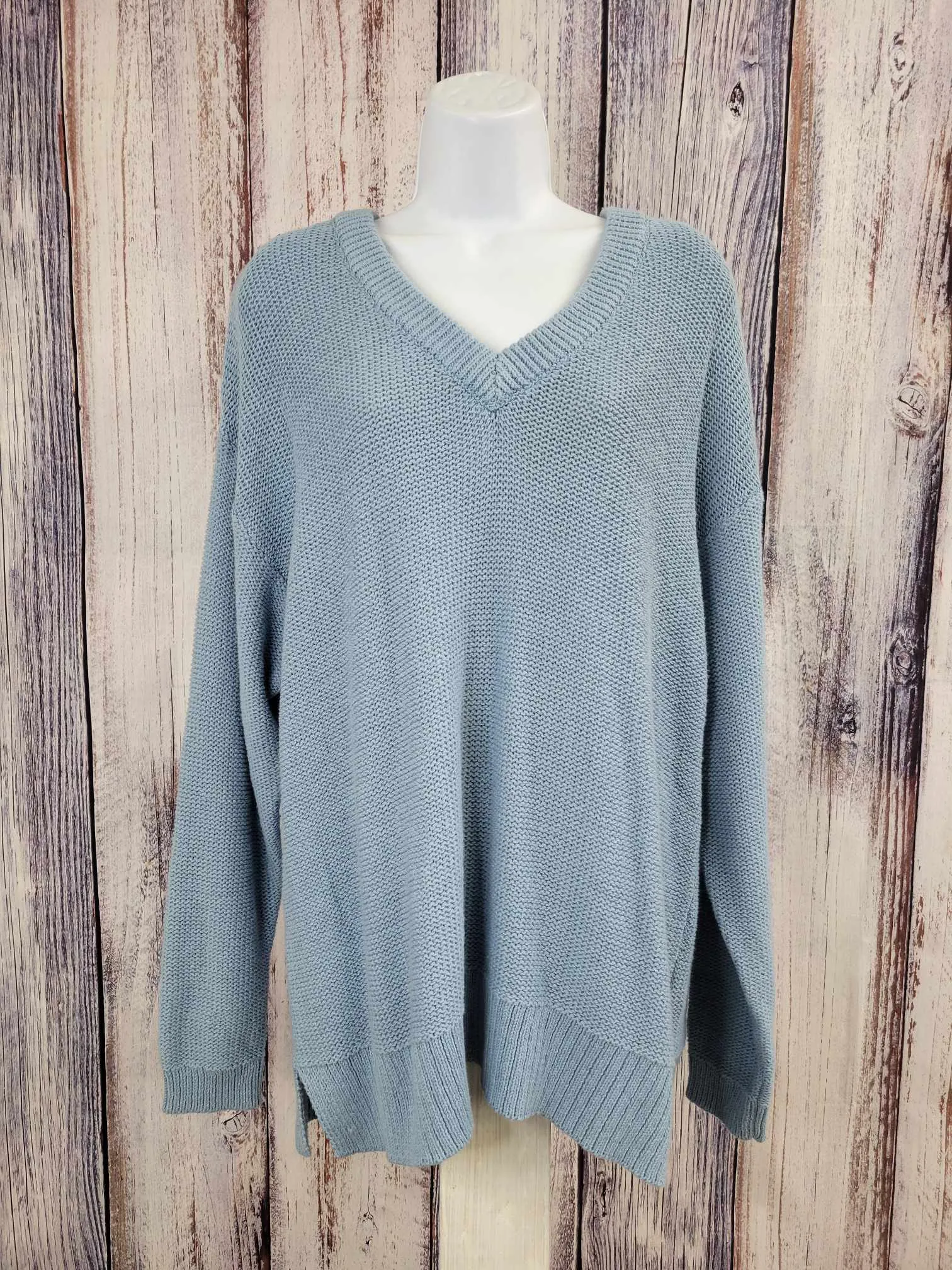 LARGE BLUE A501304 Encore by Idina Menzel Relaxed Cotton V-Neck Sweater