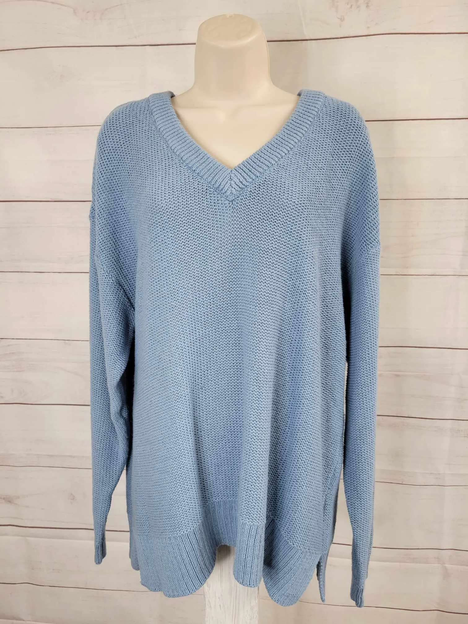 LARGE BLUE A501304 Encore by Idina Menzel Relaxed Cotton V-Neck Sweater