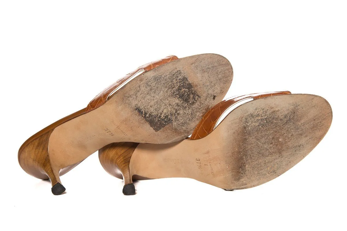 Manolo Blahnik Tan Alligator Open-Toe Mules SZ 37.5 Sale
