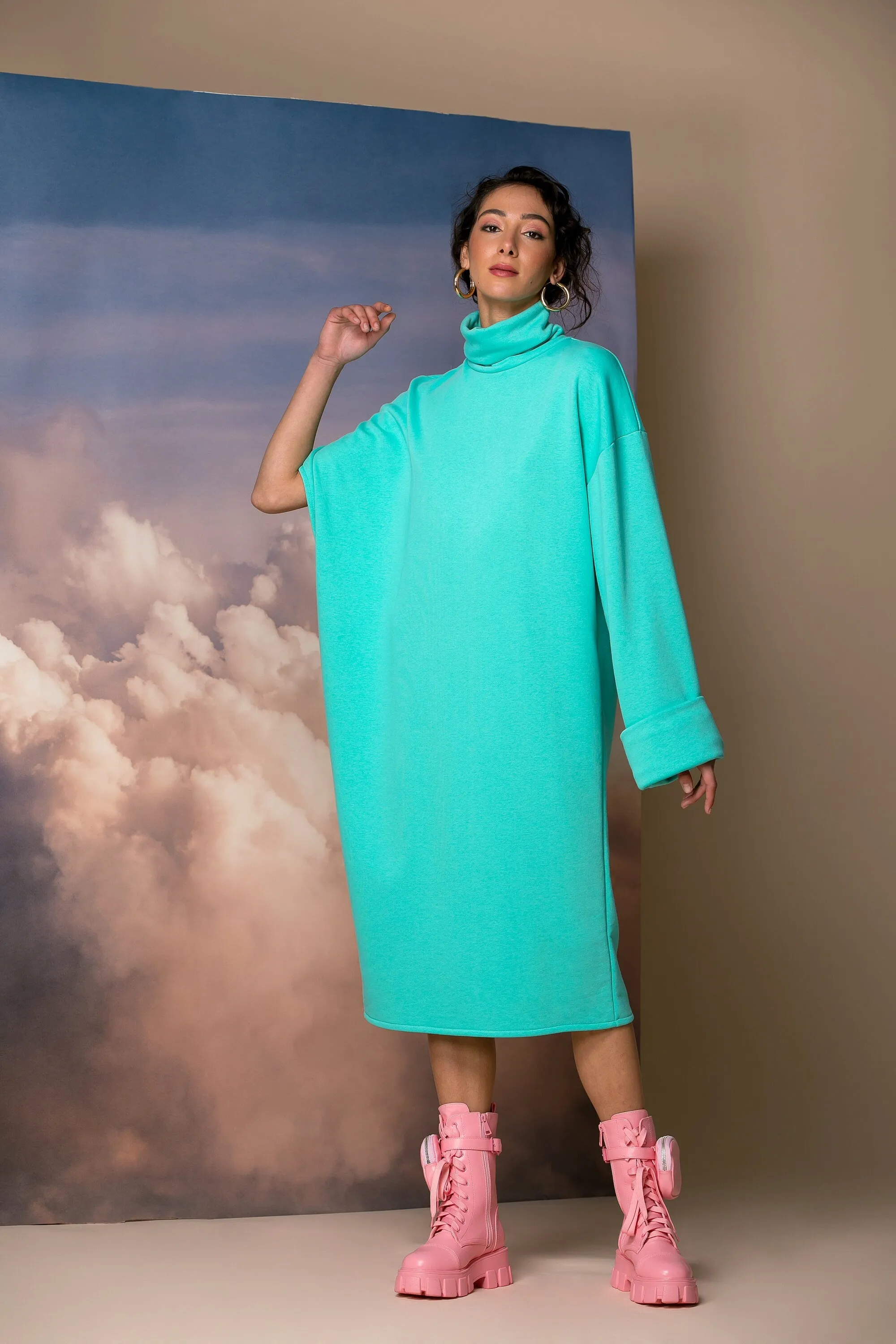 Mocha Oversized Sweater Dress with Asymmetric Sleeves and Turtleneck, Extravagant Dress,  Plus Size Asymmetric Dress, Avant Garde Dress