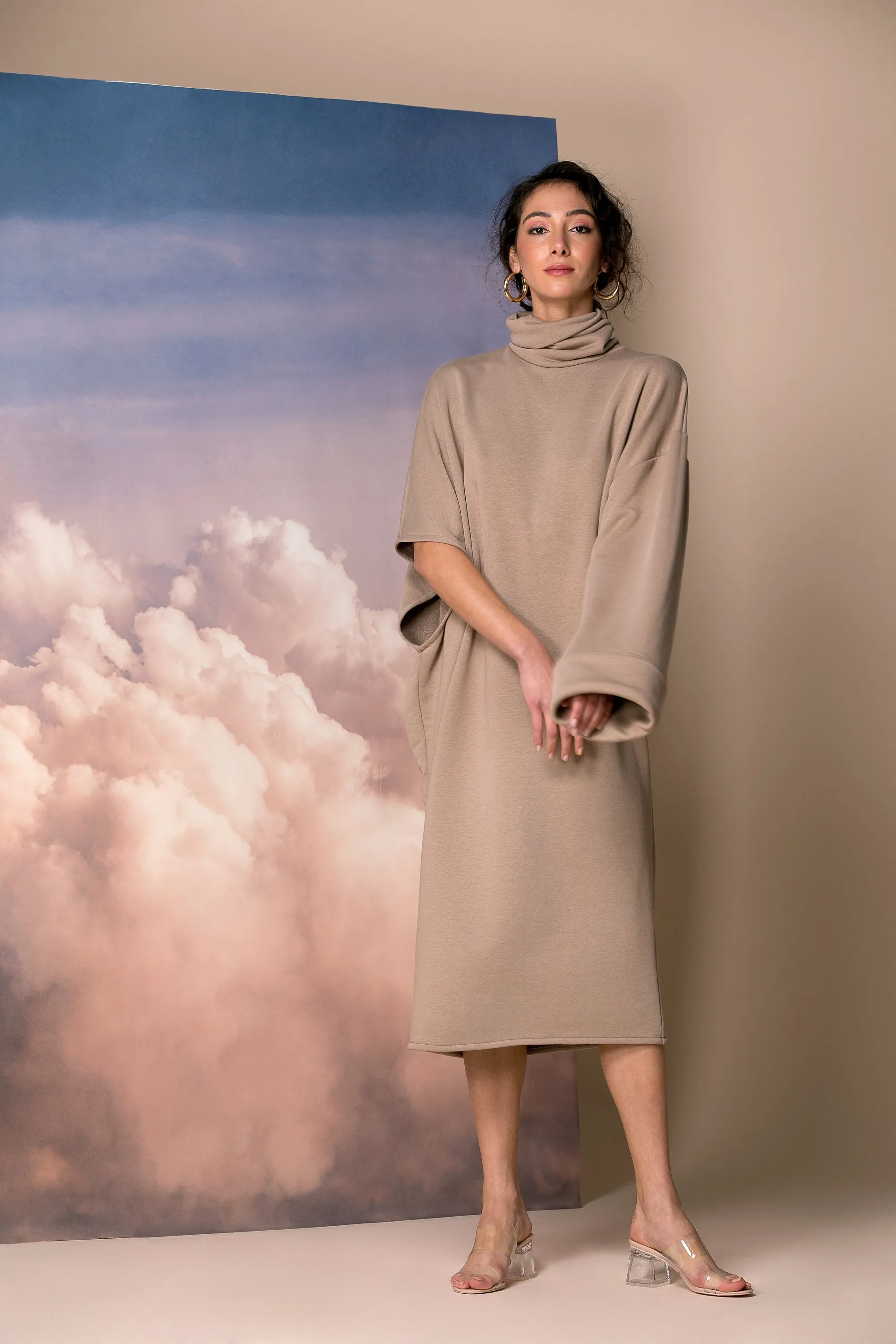 Mocha Oversized Sweater Dress with Asymmetric Sleeves and Turtleneck, Extravagant Dress,  Plus Size Asymmetric Dress, Avant Garde Dress