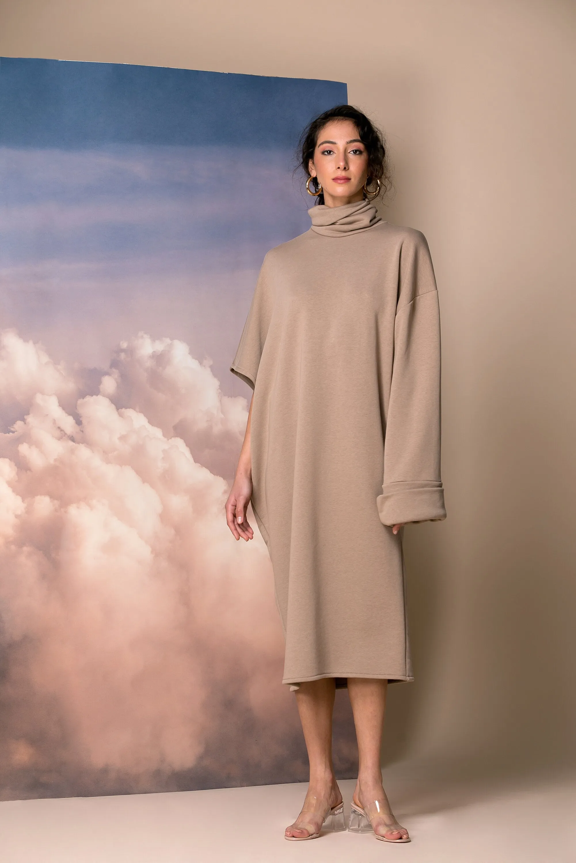 Mocha Oversized Sweater Dress with Asymmetric Sleeves and Turtleneck, Extravagant Dress,  Plus Size Asymmetric Dress, Avant Garde Dress