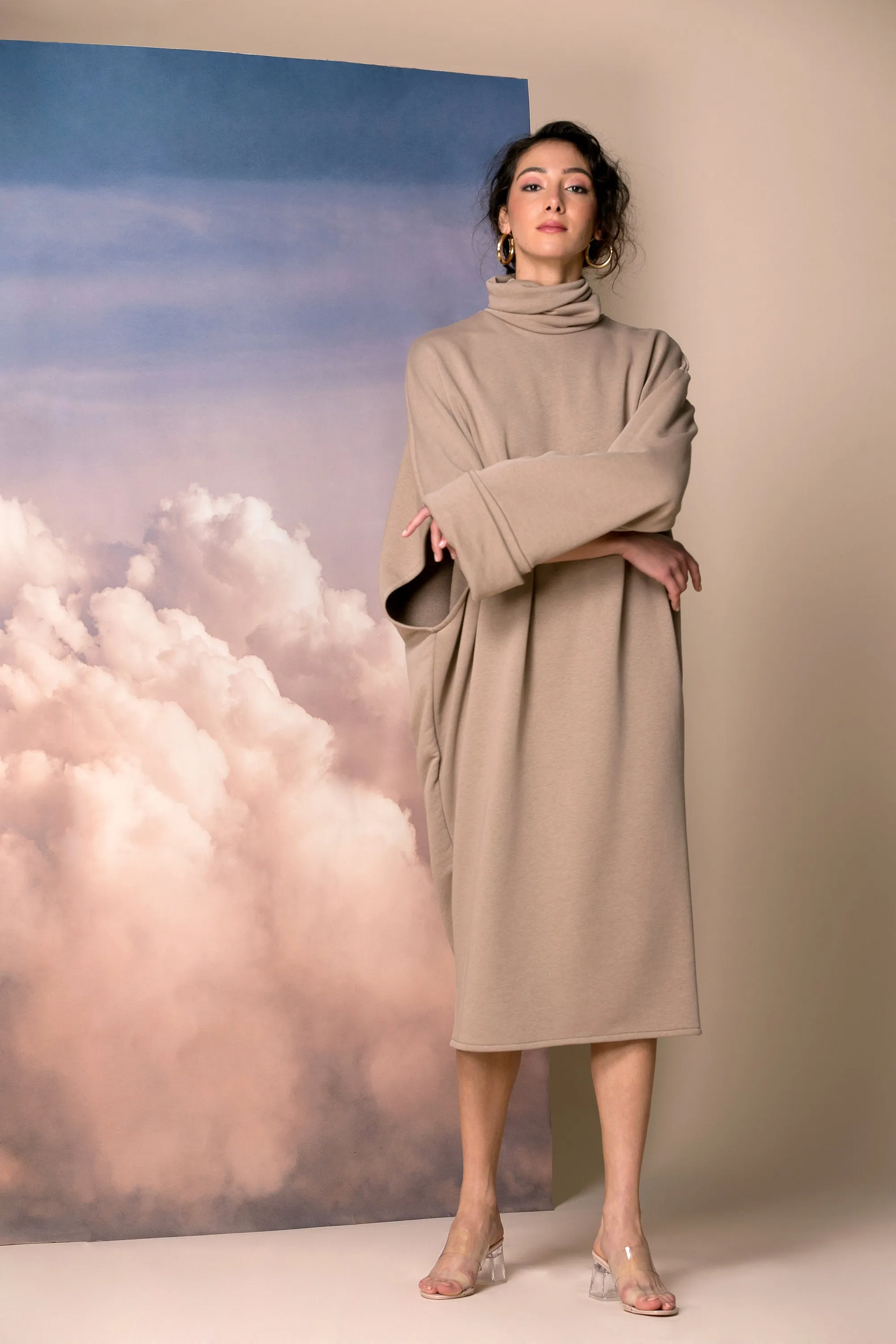 Mocha Oversized Sweater Dress with Asymmetric Sleeves and Turtleneck, Extravagant Dress,  Plus Size Asymmetric Dress, Avant Garde Dress