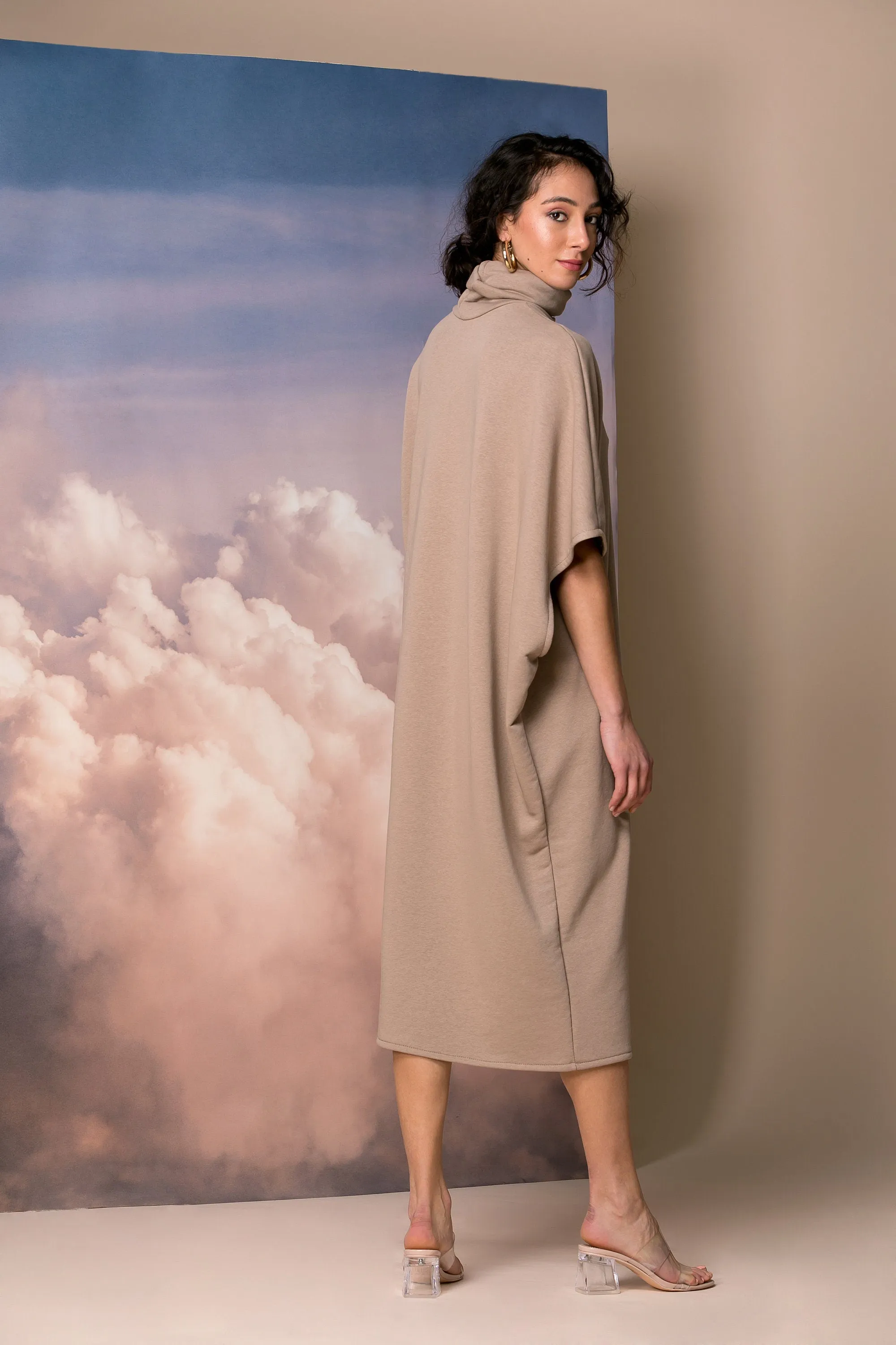 Mocha Oversized Sweater Dress with Asymmetric Sleeves and Turtleneck, Extravagant Dress,  Plus Size Asymmetric Dress, Avant Garde Dress