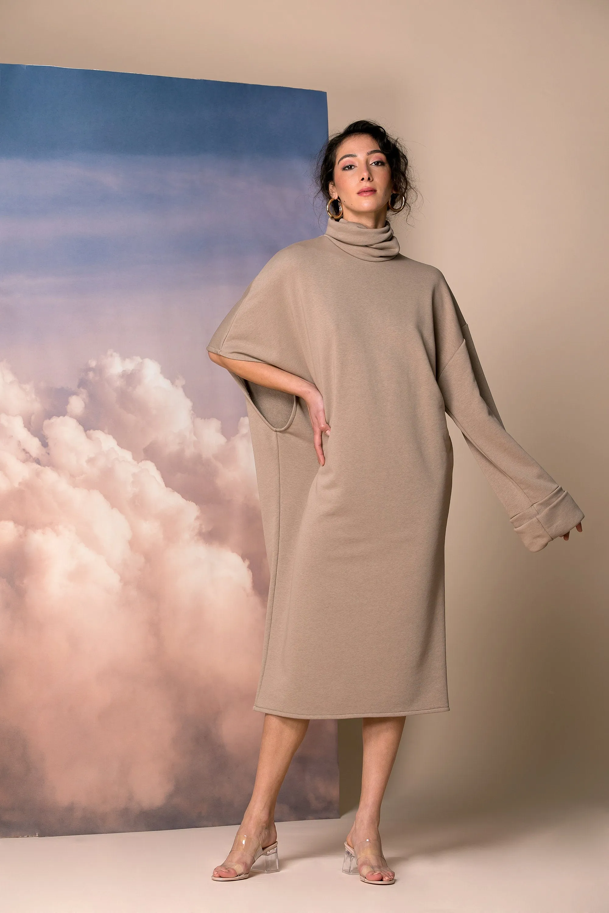 Mocha Oversized Sweater Dress with Asymmetric Sleeves and Turtleneck, Extravagant Dress,  Plus Size Asymmetric Dress, Avant Garde Dress