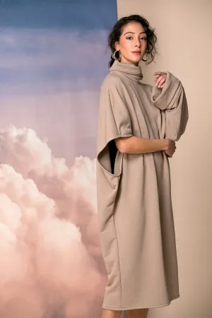 Mocha Oversized Sweater Dress with Asymmetric Sleeves and Turtleneck, Extravagant Dress,  Plus Size Asymmetric Dress, Avant Garde Dress