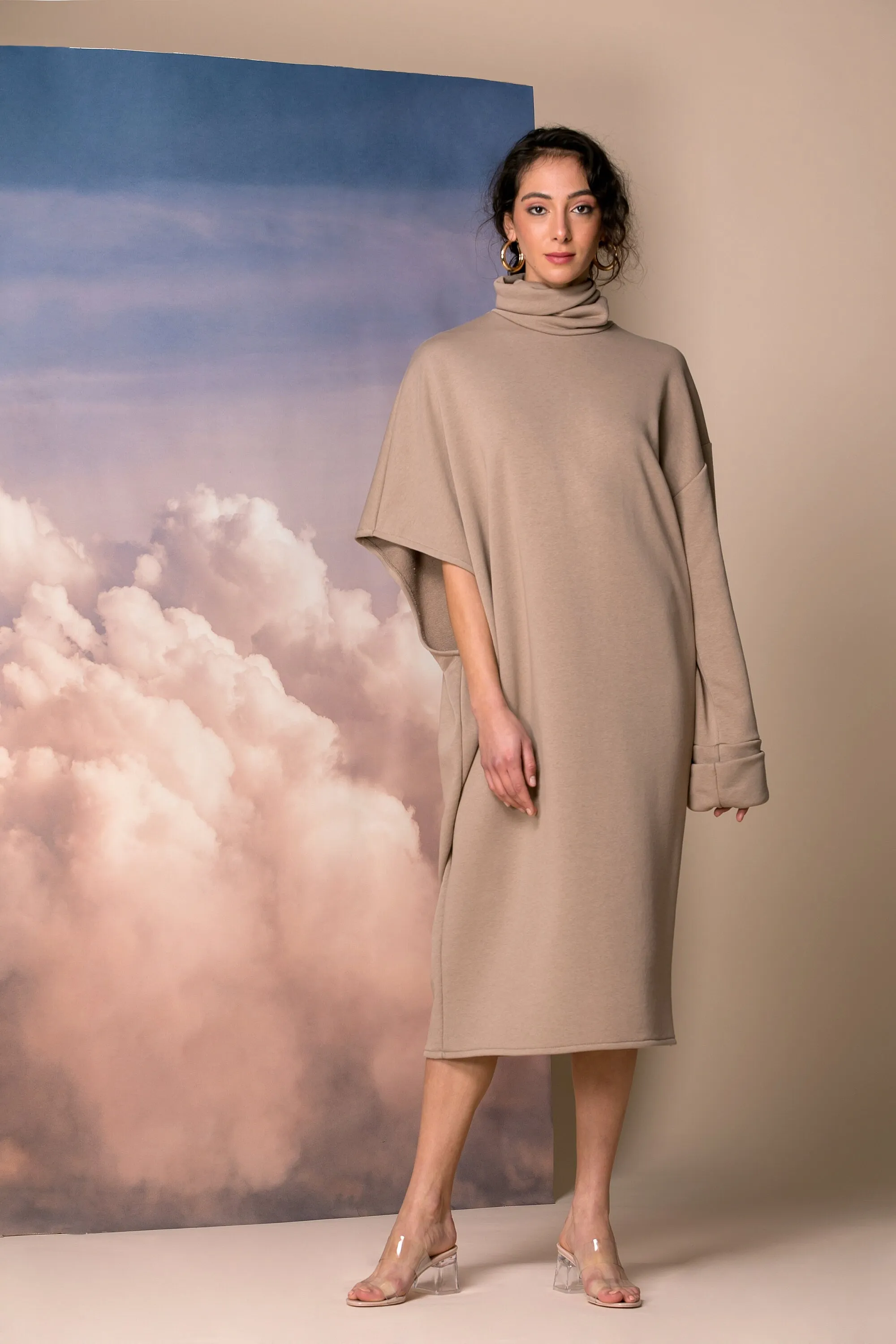 Mocha Oversized Sweater Dress with Asymmetric Sleeves and Turtleneck, Extravagant Dress,  Plus Size Asymmetric Dress, Avant Garde Dress
