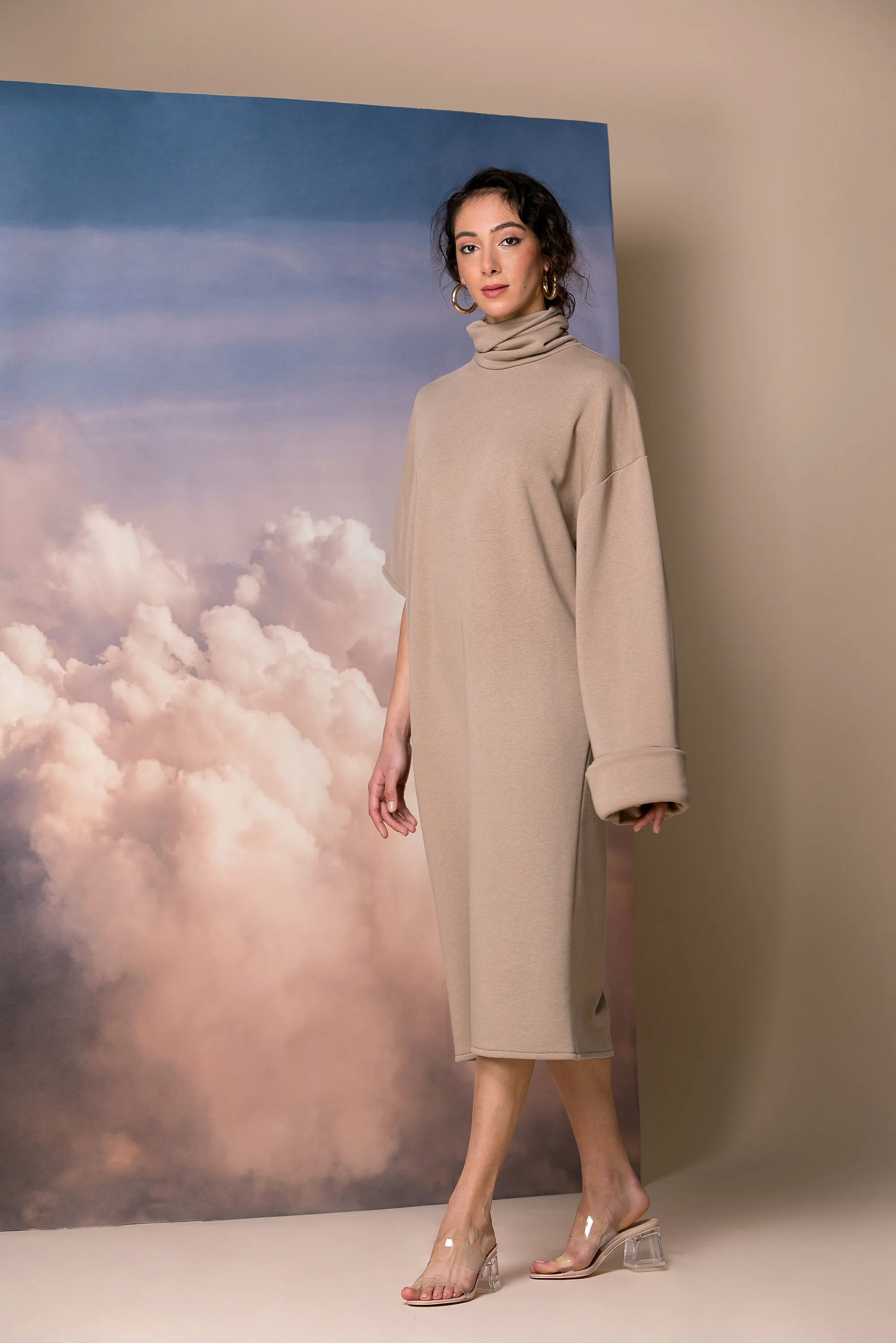 Mocha Oversized Sweater Dress with Asymmetric Sleeves and Turtleneck, Extravagant Dress,  Plus Size Asymmetric Dress, Avant Garde Dress