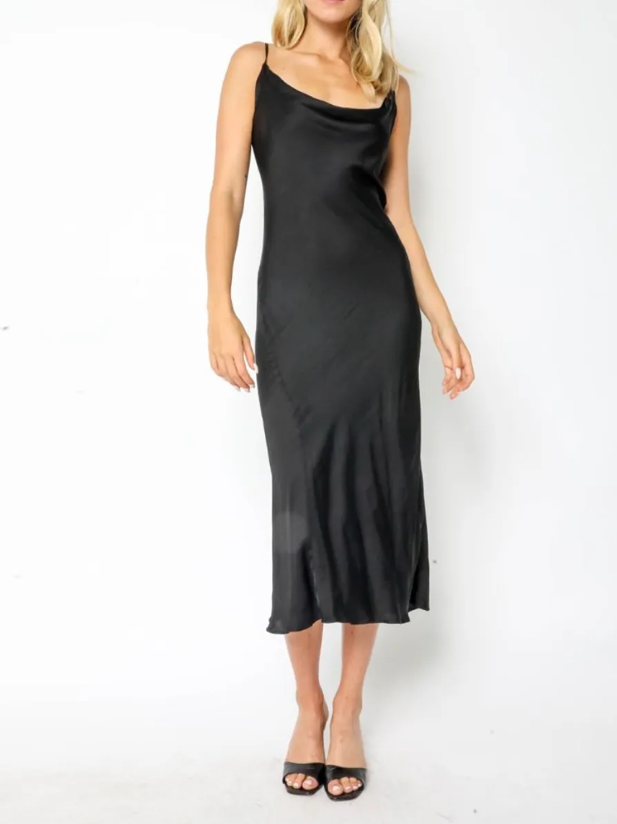 Satin Cowl Neck Midi Dress