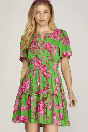 She   Sky Full Size Printed Notched Short Sleeve Frill Tiered Dress Plus Size