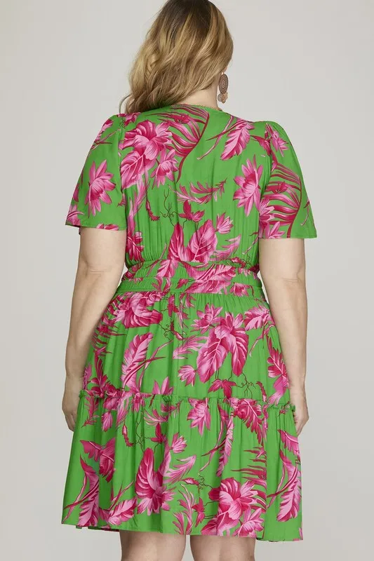 She   Sky Full Size Printed Notched Short Sleeve Frill Tiered Dress Plus Size