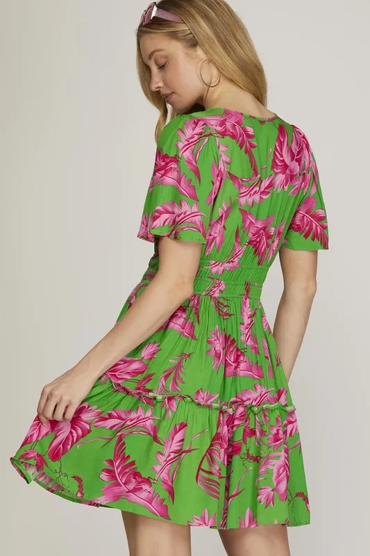 She   Sky Full Size Printed Notched Short Sleeve Frill Tiered Dress Plus Size