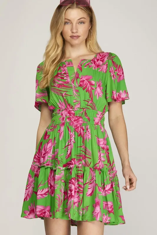 She   Sky Full Size Printed Notched Short Sleeve Frill Tiered Dress Plus Size