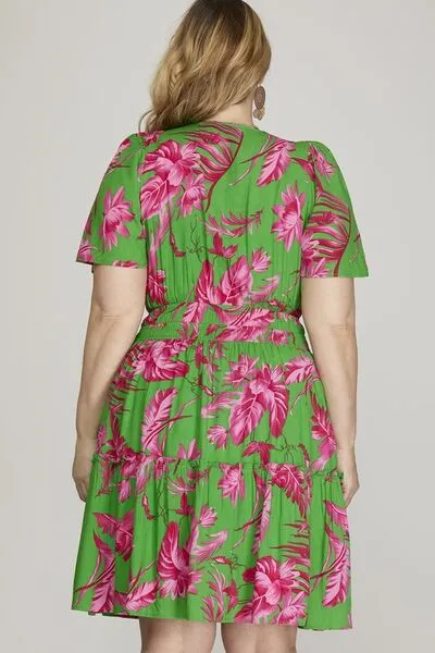 She   Sky Full Size Printed Notched Short Sleeve Frill Tiered Dress Plus Size