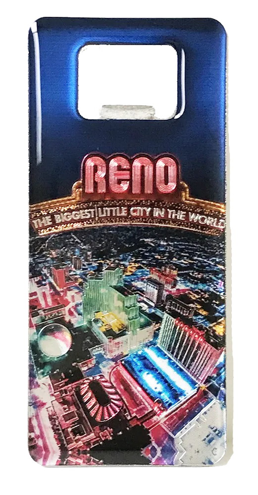 Souvenir Magnet Bottle Opener Reno, Nevada, Biggest Little City in the World Foil City Scape