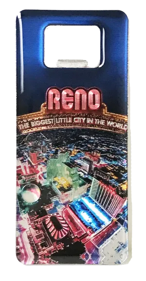 Souvenir Magnet Bottle Opener Reno, Nevada, Biggest Little City in the World Foil City Scape