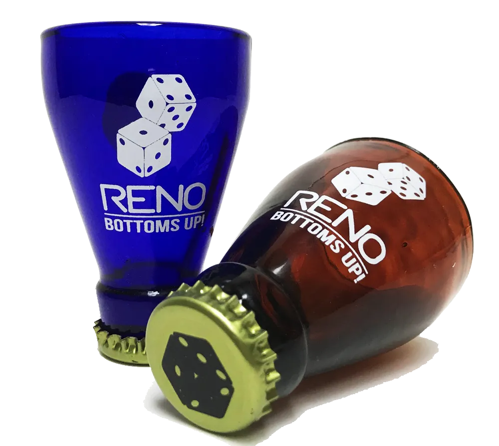 Souvenir Shot Glass Reno, Nevada, Biggest Little City in the World, Roll-of-the-Dice Bottle Top Shot Glass