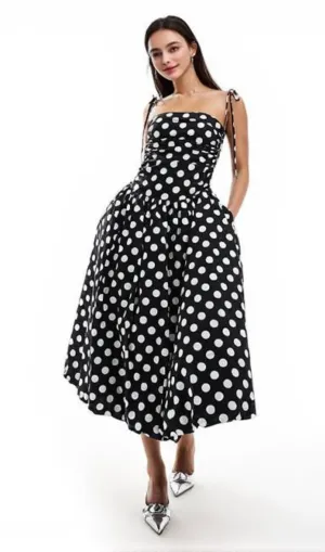 strap midi dress in mono polka dot