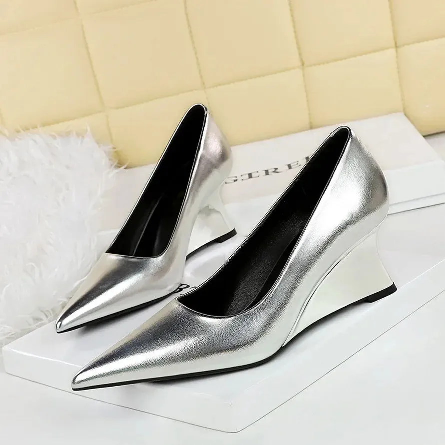 Women Pumps Pointed Toe Retro Shoes Women Shoes Designer Shallow Wedges High Heels Banquet Mules