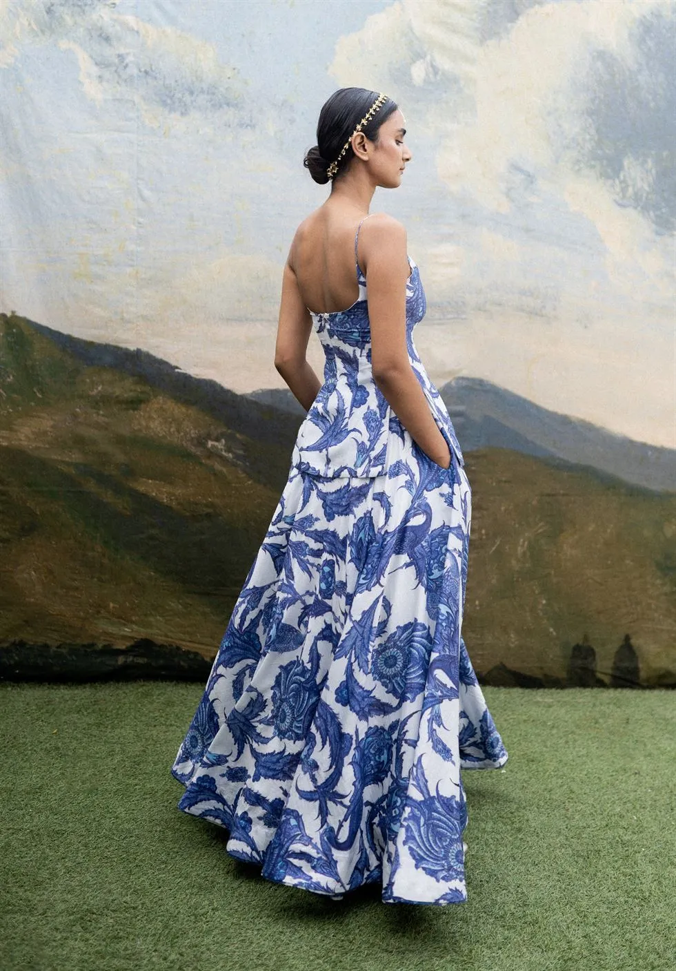 Yam   I   Santorini Lehenga LEHENGA SET  CHANDERI SILK & ORGANZA (DUPATTA) BLUE & WHITE An Indian Summer YAMLG03