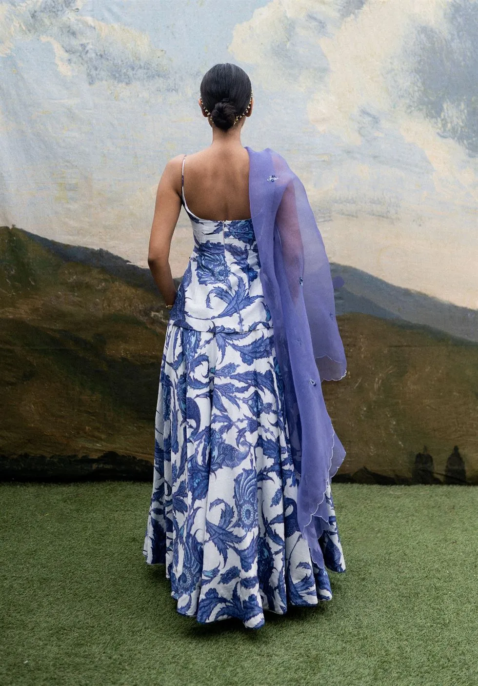 Yam   I   Santorini Lehenga LEHENGA SET  CHANDERI SILK & ORGANZA (DUPATTA) BLUE & WHITE An Indian Summer YAMLG03