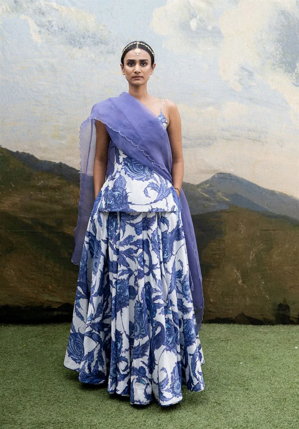 Yam   I   Santorini Lehenga LEHENGA SET  CHANDERI SILK & ORGANZA (DUPATTA) BLUE & WHITE An Indian Summer YAMLG03