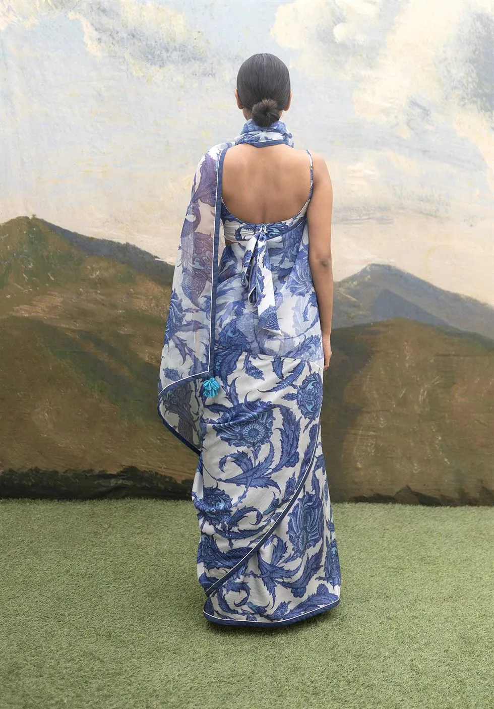 Yam   I   Santorini Saree SAREE Blouse Not Included SILK & ORGANZA BLUE & WHITE An Indian Summer YAMSR06