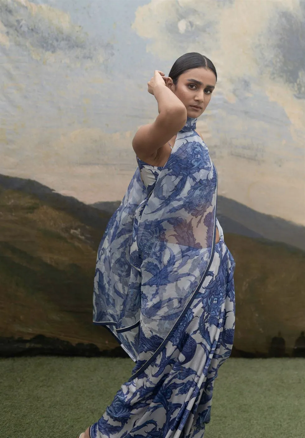 Yam   I   Santorini Saree SAREE Blouse Not Included SILK & ORGANZA BLUE & WHITE An Indian Summer YAMSR06